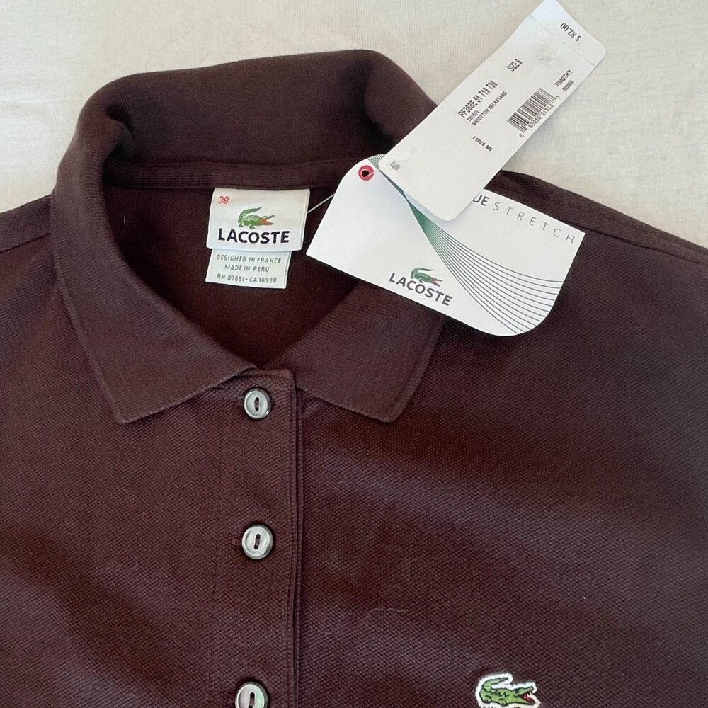 EUC LACOSTE PIQUE COTTON BROWN LONG SLEEVE POLO TOP SIZE 38, NWT. Women's.